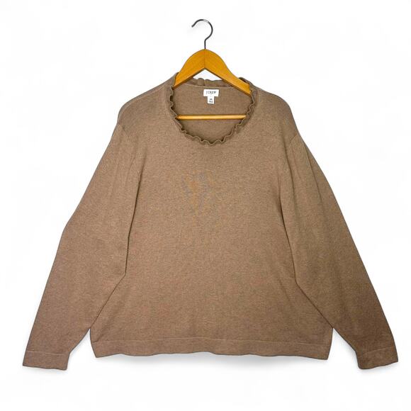 J.Crew Women Ruffleneck Sweater 3X Taupe BV341 Heathered Mushroom Tan Plus Size - Picture 1 of 8